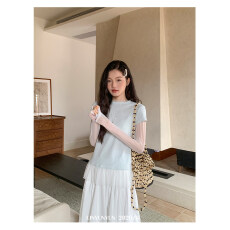 批发多色长袖2026春夏韩系新款假两件T恤女网纱拼接设计日常内搭上衣