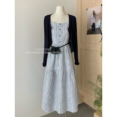 批发十三行Y.JIA春夏格子收腰吊带长款连衣裙薄款针织<b class='q'>开衫</b>两件套装女