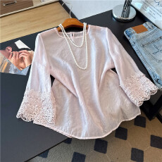 批发实拍新中式气质百搭国风薄衬衫女2026夏季重工串珠亮片半袖打底衫