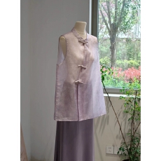 批发新中式紫色提花无袖上衣女奥黛女夏季薄国风立领盘扣斜襟背心禅意