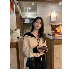 批发东大门女装韩国学院风撞色大翻领针织开衫秋冬设计感小众毛衣<b class='q'>外套</b>