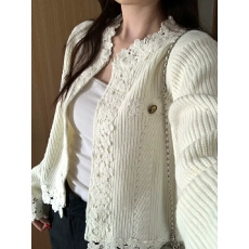 批发法式白色蕾丝花边V领针织<b class='q'>开衫</b>女早秋绝美设计感毛衣外套气质上衣