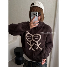 批发重工可爱火柴人刺绣高领宽松毛衣外套女秋冬韩系ins潮牌针织<b class='q'>开衫</b>
