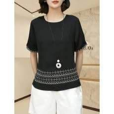 批发2025夏季新款撞色老钱风圆领短袖上衣女时尚宽松大码小个子<b class='q'>妈妈</b>装