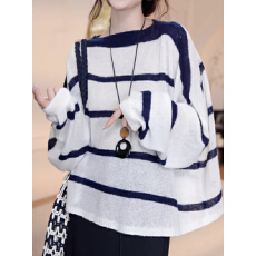 批发洋气独特<b class='q'>超</b>好看宽松显瘦长袖上衣慵懒感百搭休闲撞色条纹针织衫女