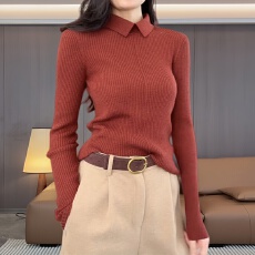 批发纯色复古修身显瘦翻领<b class='q'>大码</b>时尚洋气简约风打底上衣韩系针织衫女装