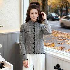 批发设计感波浪边长袖休闲毛衣外套女韩版<b class='q'>时尚</b>简约风<b class='q'>大码</b>纽扣针织开衫