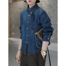 批发复古风翻领<b class='q'>牛仔</b><b class='q'>衬衫</b>2025秋冬新款高级感蓝色洋气减龄宽松开衫上衣