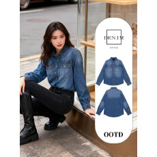 批发复古正肩<b class='q'>牛仔</b>衬衫女春秋季小个子设计感小众百搭叠穿内搭衬衣上衣