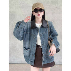 批发撞色pu皮拼接翻领<b class='q'>牛仔</b><b class='q'>外套</b>女春秋季港风复古慵懒风bf宽松夹克上衣