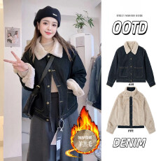 批发<b class='q'>冬</b>季今年流行爆款时尚加绒加厚毛领短款牛仔夹克上衣羊羔毛外套女