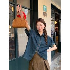 批发休闲慵懒短袖牛仔衬衫女夏季衬衣法式高级设计感刺绣宽松气质上衣