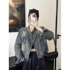 批发2025春秋季新款港味复古做旧短款牛仔外套女宽松显瘦立领夹克上衣