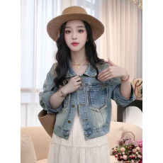 批发牛仔外套女春秋款小个子设计感港味复古长袖毛边口袋夹克牛仔上衣