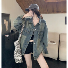 批发潮牌复古蓝做旧破洞牛仔外套女春秋季韩版设计感宽松休闲夹克上衣