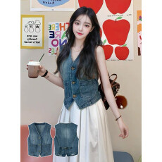 批发牛仔马甲女夏天薄款复古港味气质无袖坎肩马夹后背系带v领外套ins
