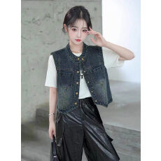 批发牛仔短外套夏季薄款马甲女外搭减龄港味复古无袖坎肩背心马夹上衣