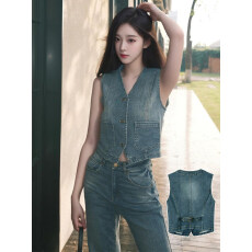 批发牛仔马甲女外穿夏季复古薄款无袖坎肩背心马夹后背系带外套上衣潮