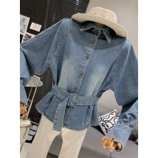 批发韩版时尚复古水洗系带收腰Polo领设计感小众<b class='q'>百搭</b>洋气牛仔衬衫女