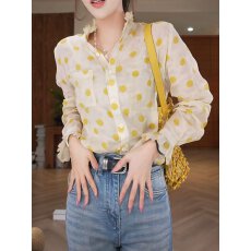 批发法式高级感波点木耳边<b class='q'>衬衫</b>女士春季新款时尚气质宽松休闲长袖上衣