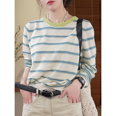 批发韩系撞色条纹长袖T恤<b class='q'>女士</b>春季新款时尚减龄<b class='q'>小衫</b>洋气休闲百搭上衣
