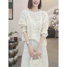 批发镂空钩花薄款宽松圆领长袖针织衫2026春季休闲慵懒风设计<b class='q'>韩版</b>上衣