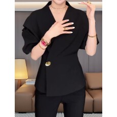 批发黑色V领收腰一粒扣短袖衬衫女夏季高级感显瘦百搭设计感宽松<b class='q'>上衣</b>
