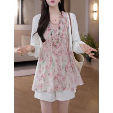 批发韩系甜美碎花无袖<b class='q'>雪纺</b>衫女夏季新款时尚短<b class='q'>裤</b>温柔风显瘦气质两件套