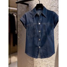批发今年2026夏季新款港风复古时尚百搭修身蓝色<b class='q'>牛仔</b>短袖衬衫上衣女装
