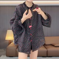 批发复古休闲波点圆领衬衫<b class='q'>女</b>春夏新款大码宽松遮肉显瘦胖mm长袖上衣服