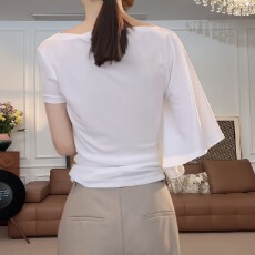 批发<b class='q'>胖</b>mm<b class='q'>时尚</b>一字领不对称设计短袖T恤女夏季修身显瘦百搭气质上衣潮