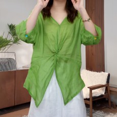 批发<b class='q'>胖</b>mm<b class='q'>时尚</b>V领扭结设计衬衫女夏季轻薄大码宽松百搭显瘦防晒上衣潮