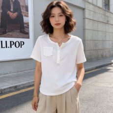 批发韩版白色V领套头短袖薄款T恤女夏季简约时尚宽松纽扣口袋休闲上衣