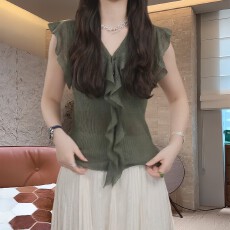 批发法式时尚荷叶边小飞袖针织衫女夏季薄款<b class='q'>胖</b>mm<b class='q'>显瘦</b>气质V领开衫上衣