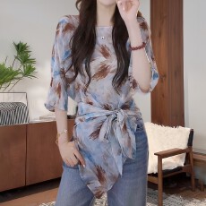 批发法式高级感印花七分袖<b class='q'>衬衫</b>女士夏季系带收腰显瘦减龄轻薄防晒小衫