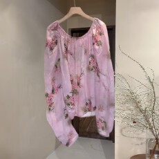 批发洋气减龄慵懒风花卉印花粉色衬衫女装气质宽松显瘦防晒衫长袖上衣