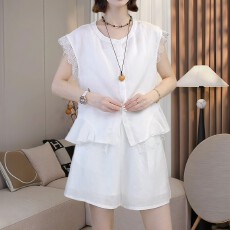 批发时尚气质蕾丝拼接衬衫+阔腿短裤两件套夏季胖mm大码女装潮流套装