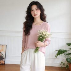 批发温柔慵懒风圆领长袖T恤女夏季宽松显瘦休闲百搭薄款防晒休闲上衣