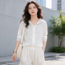 批发宽松慵懒风连帽拉链针织开衫女夏季轻薄透气显瘦休闲百搭毛衣外套