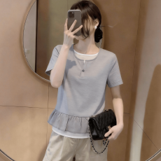 批发时尚假两件小个子设计短袖衬衫女夏季宽松遮肉荷叶边套头韩系上衣