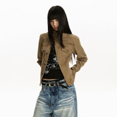 批发Apocket美式<b class='q'>街头</b>斜门襟设计感立领牛仔外套女修身短款工装夹克潮
