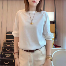 批发秋季新款简约纯色圆领抽绳长袖<b class='q'>T</b><b class='q'>恤</b>女宽松休闲显瘦百搭气质上衣