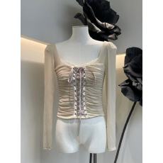 批发纯欲法式约会通勤款 奶杏色收腰紧身 抽褶绑带蕾丝拼接<b class='q'>长袖</b>上衣