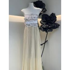 批发优雅仙气<b class='q'>流苏</b>晚宴蕾丝拼接百褶裙摆奶杏色抹胸长裙