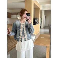 批发欧洲站设计感木耳边拼接牛仔外套女2025<b class='q'>春</b>季新款时尚百搭夹克上衣