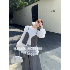 批发NIUGUGU 小香风2025秋蕾丝拼接吊带马甲立领木耳边衬衫裤子三件套