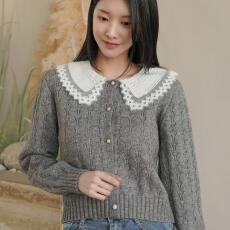批发秋新 <b class='q'>韩国</b><b class='q'>代购</b><b class='q'>正品</b>女装 甜美蕾丝花边荷叶翻领短款单排扣针织衫