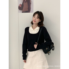 批发SUSAN 韩系高级感甜美减龄撞色娃娃领百搭假两件套头毛衣女针织衫