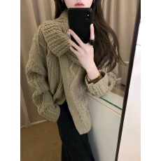 批发韩版复古立体绞花大<b class='q'>翻领</b>毛衣外套女慵懒风厚实保暖针织上衣冬季
