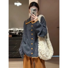 批发慵懒风撞色翻领纽扣针织毛衣女2025秋冬大码<b class='q'>胖</b><b class='q'>MM</b><b class='q'>洋气</b>宽松外套上衣